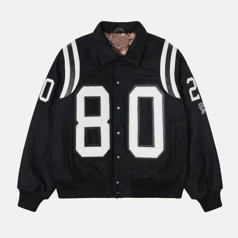 TrendMaybe &quot;wool varsity&quot; number 80 genuine leather embroidered wool baseball jacket couple coat