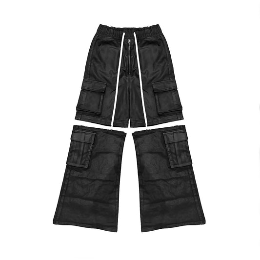 TrendMaybe&quot;quotBomber&quot; multi-pocket flared cargo leather pants with zipper two and one detachable shorts