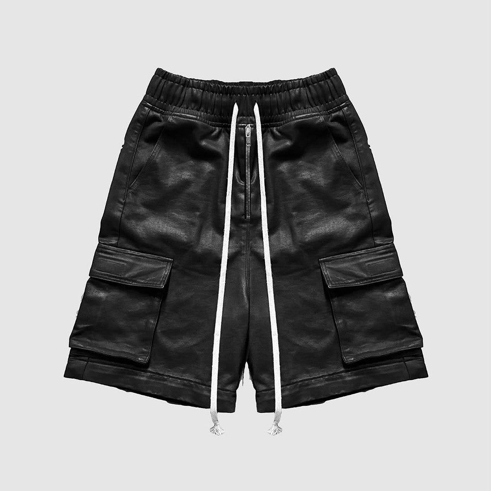 TrendMaybe&quot;quotBomber&quot; multi-pocket flared cargo leather pants with zipper two and one detachable shorts