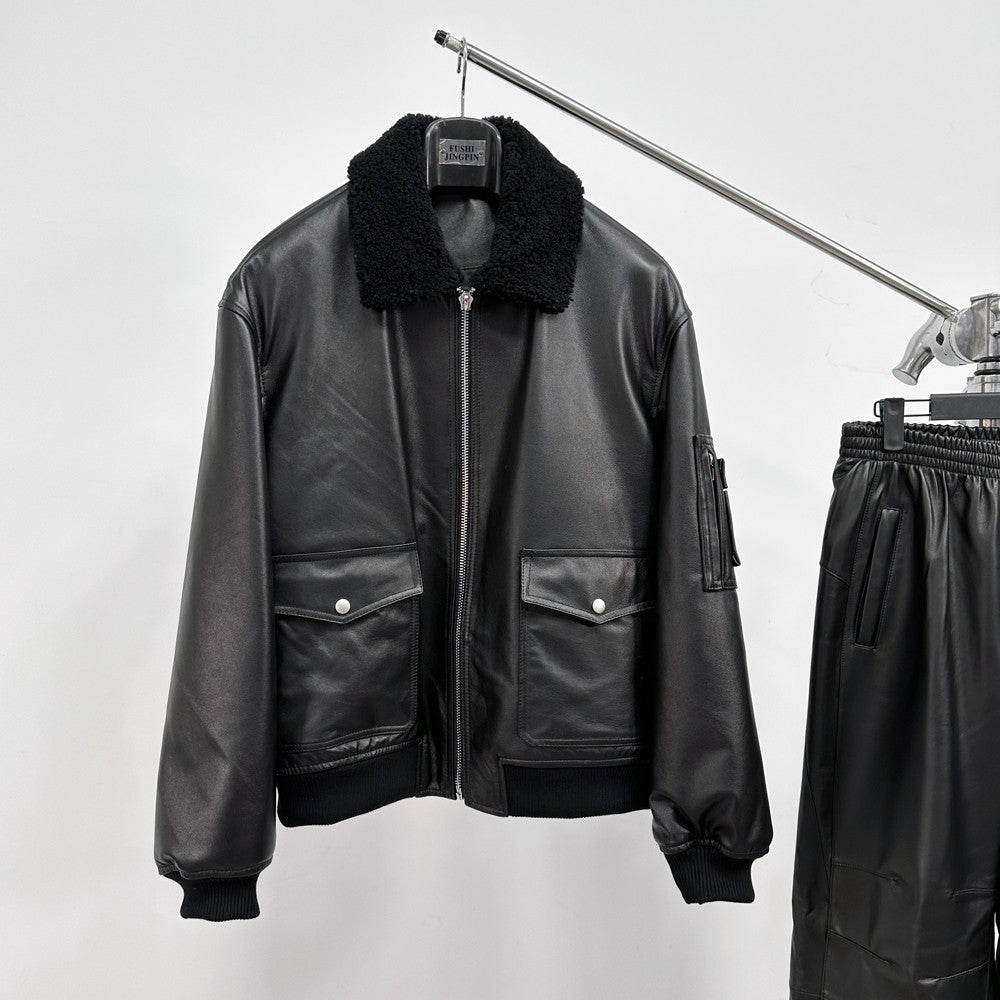 TrendMaybe &quot;Fashionable Men's Luxury&quot; Fur Collar Calfskin Flight Suit Leather Jacket Men's Coat