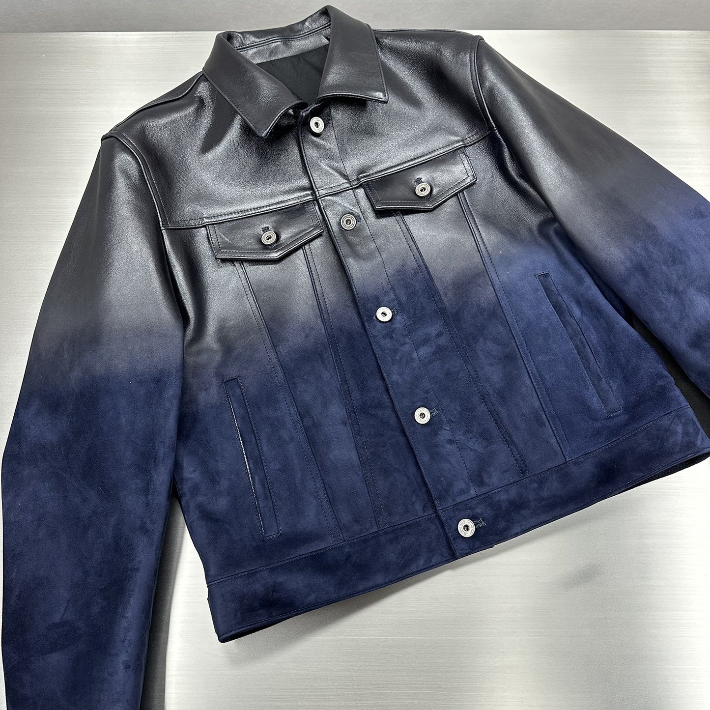 TrendMaybe&quot;Nappa jacket&quot; classic gradient suede lambskin short leather jacket denim jacket