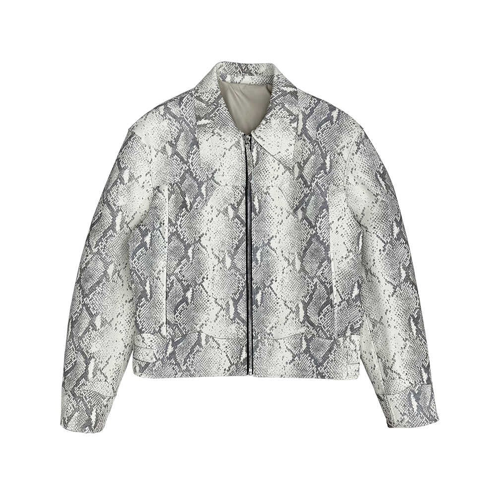 TrendMaybe &quot;Art Grade&quot; Snakeskin Effect Raw Edge Leather Jacket Sheepskin Python Pattern Lapel Leather Coat