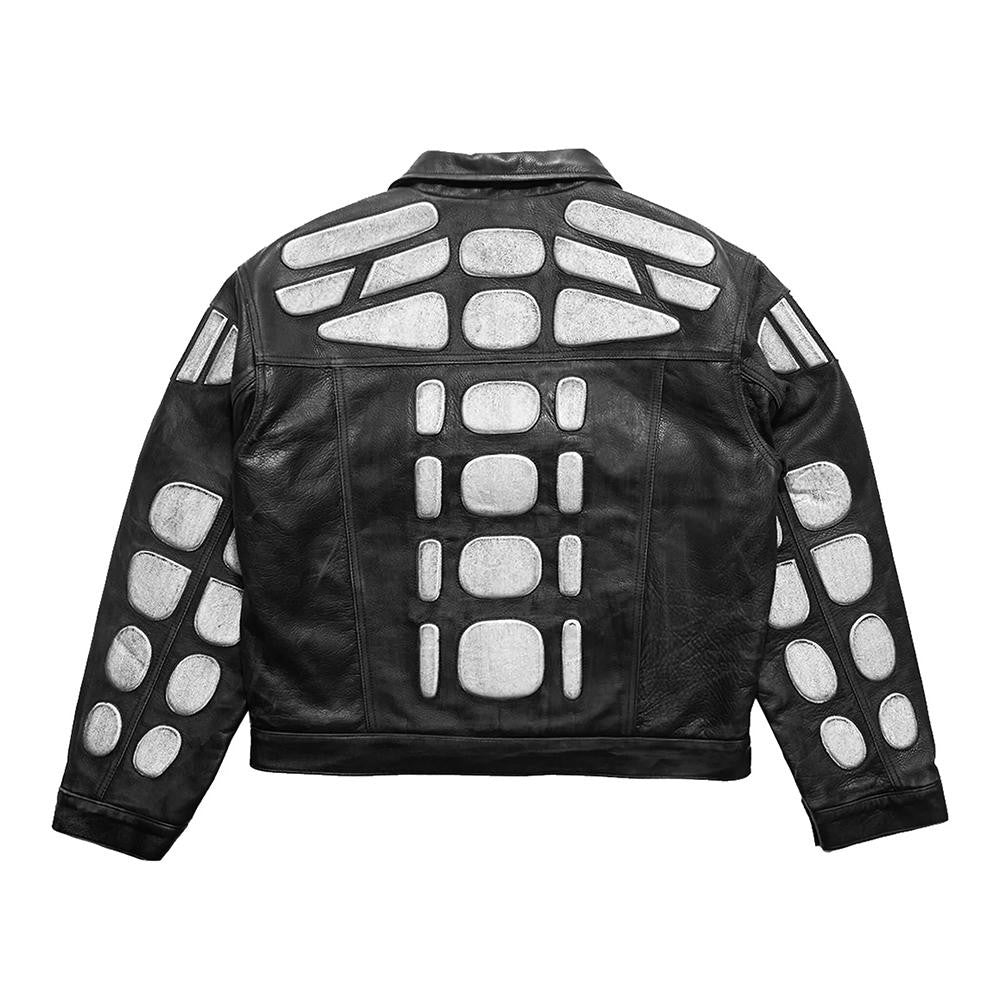 TrendMaybe &quot;Trucker Jacket&quot; fetal cowhide armor punk denim leather embroidered jacket