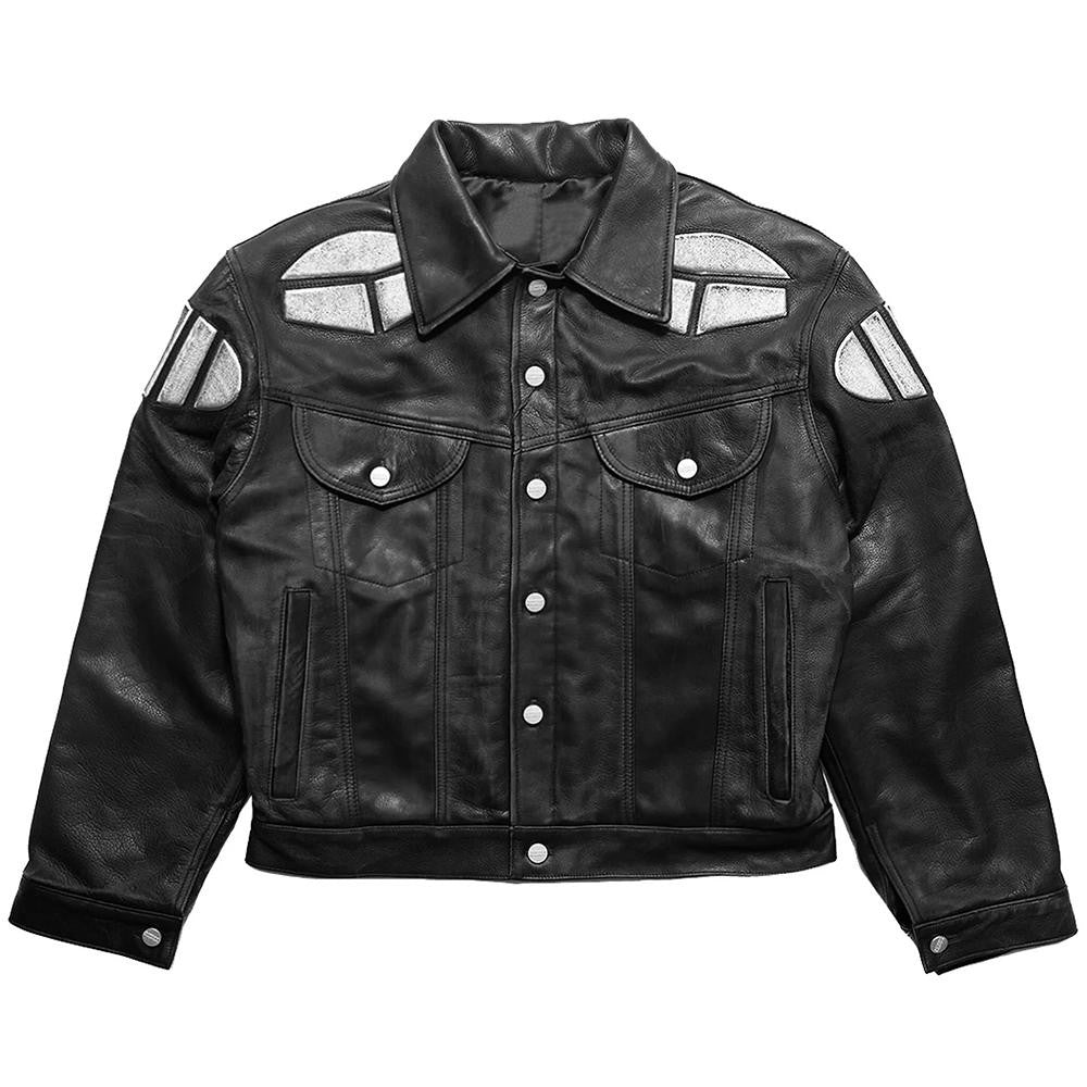 TrendMaybe &quot;Trucker Jacket&quot; fetal cowhide armor punk denim leather embroidered jacket