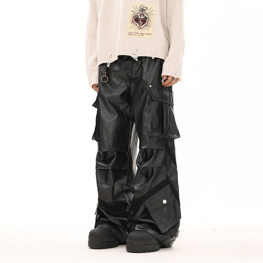 BTSG American retro high-end multi-pocket shiny leather pants overalls niche functional loose wide-leg casual pants