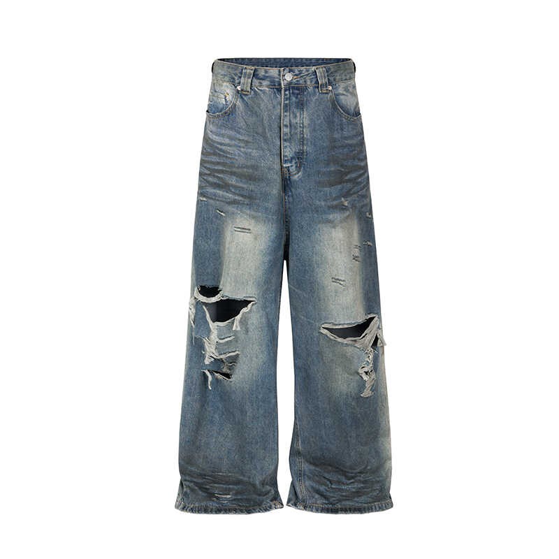 ASTT 24S/S erosion mud dyed old knife cut tear irregular damage mopping Paris denim trousers trend