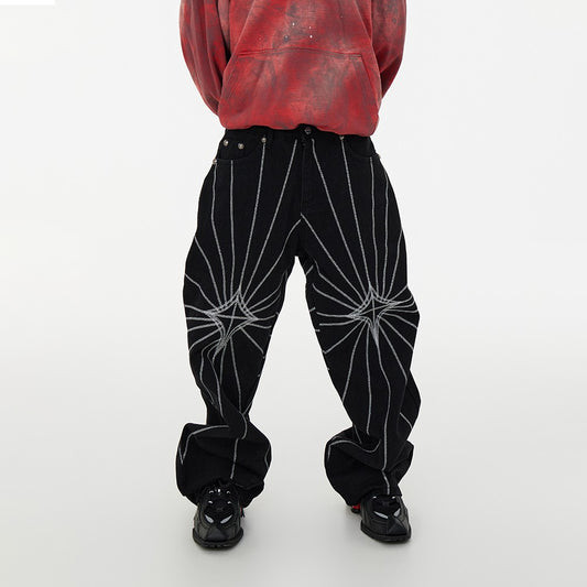 ASTT 24S/S Ming Ji line spider web embroidery washed loose straight casual denim trousers carrot pants trend