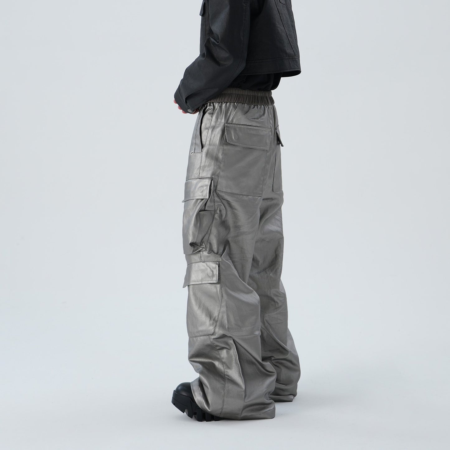 ASTT 4FW Special fabric silver coating drawstring elastic waist multi-pocket wide-leg cargo trousers