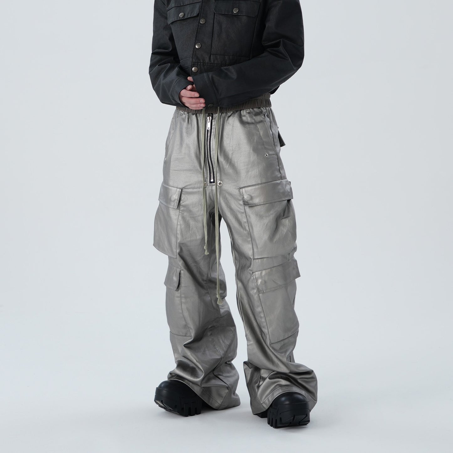 ASTT 4FW Special fabric silver coating drawstring elastic waist multi-pocket wide-leg cargo trousers