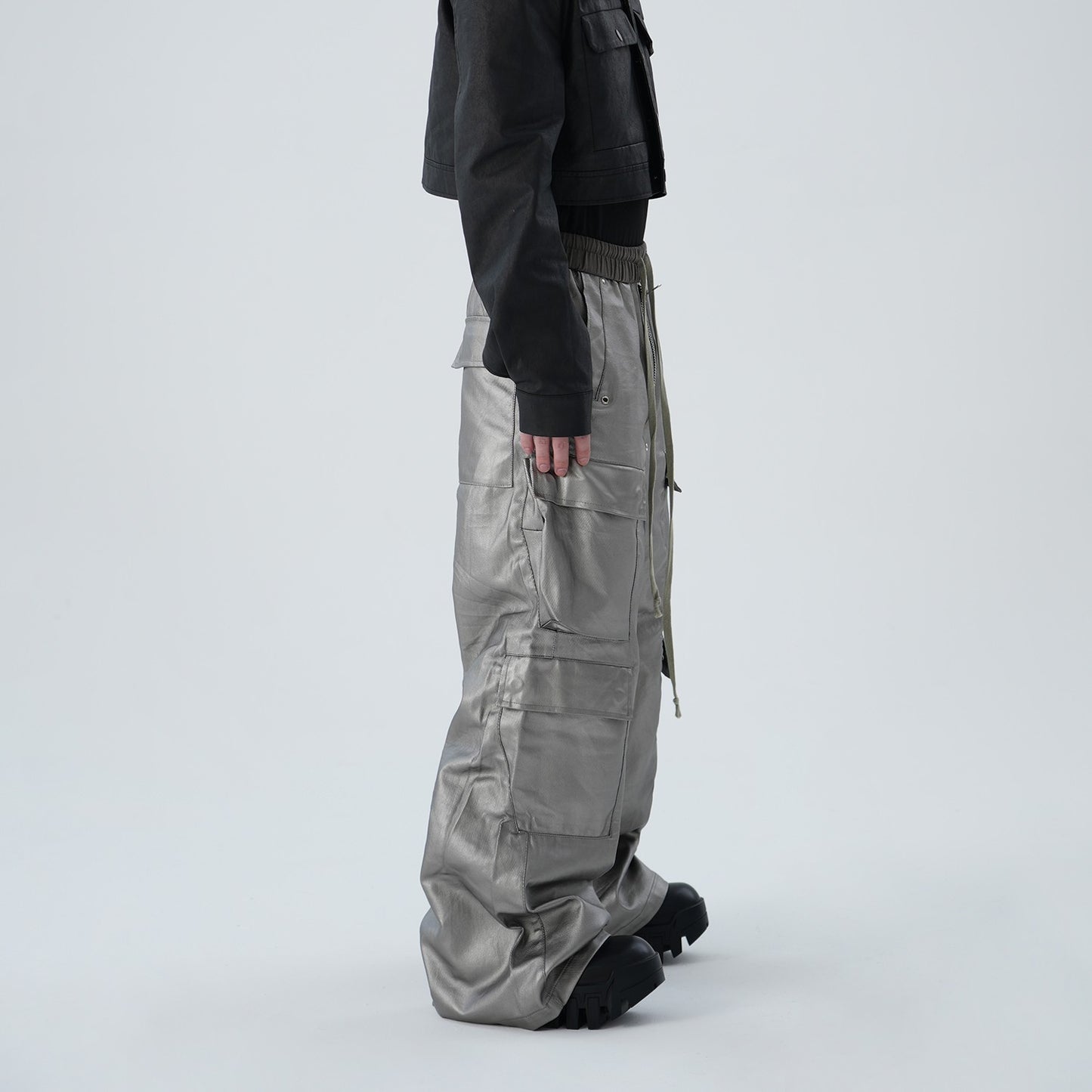 ASTT 4FW Special fabric silver coating drawstring elastic waist multi-pocket wide-leg cargo trousers