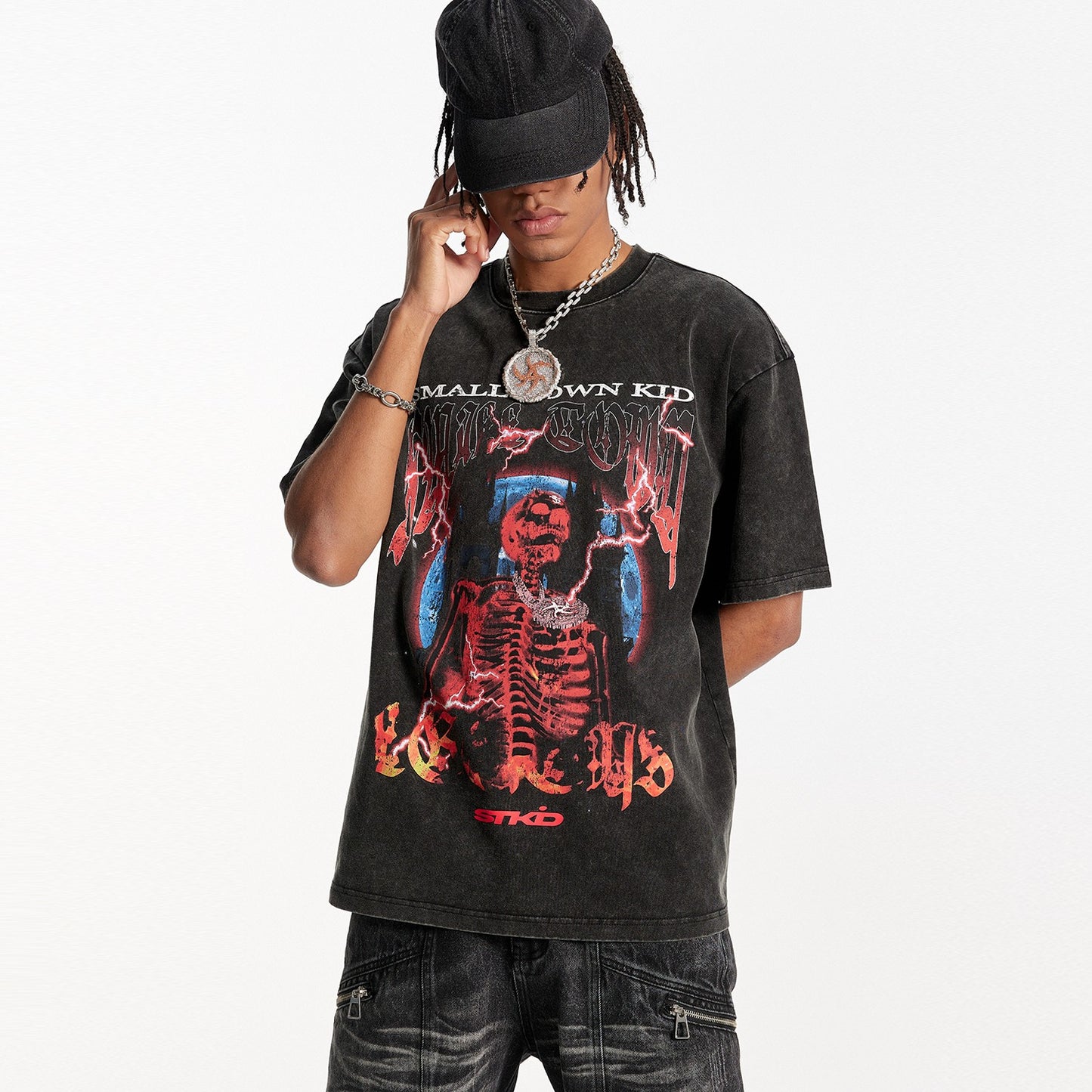 STK SmallTownKid Skull American short-sleeved round neck T-shirt trendy casual street hip-hop rap