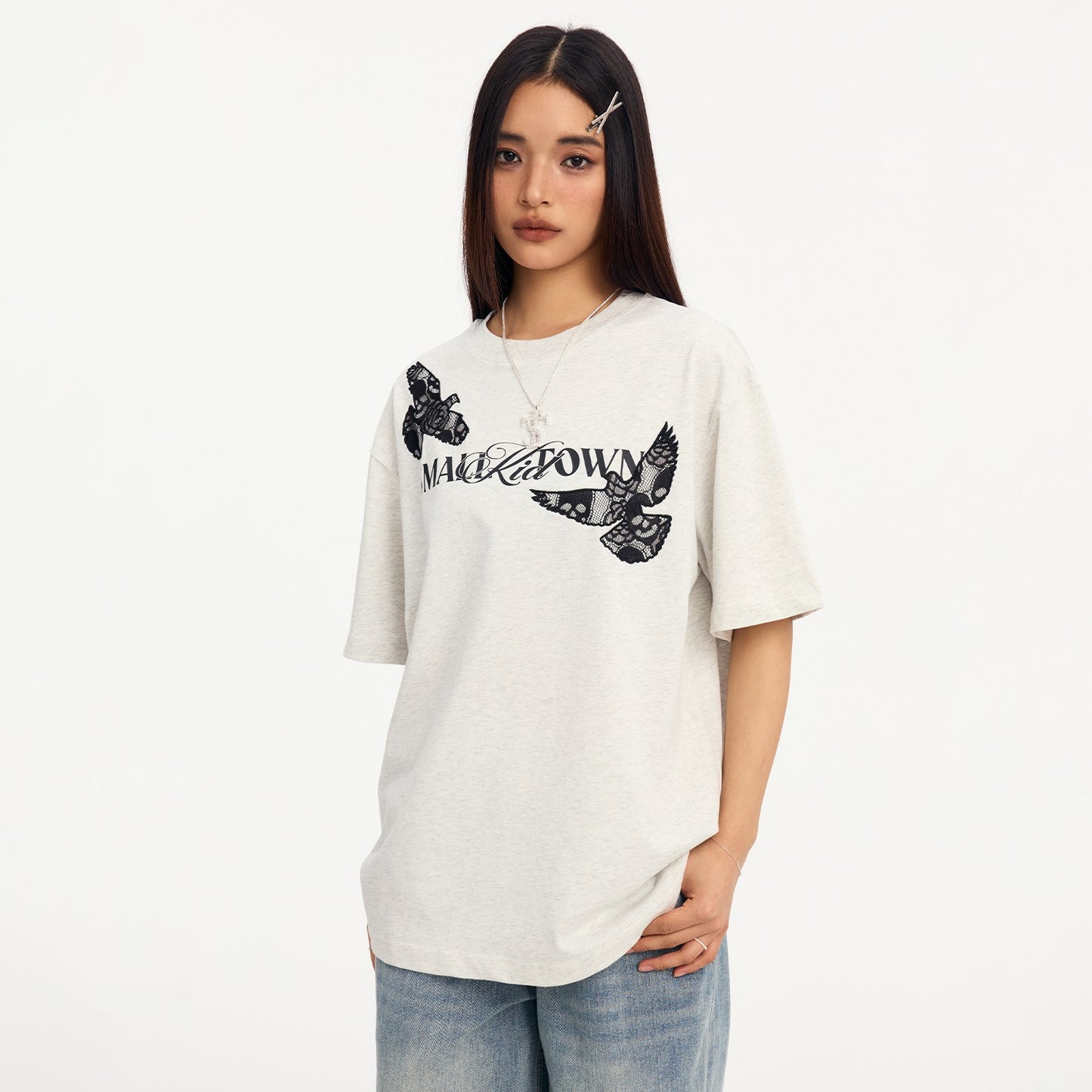 STK SmallTown Kid Lace Peace Dove Short Sleeve T-shirt Embroidery Print Men and Women Summer Fashion Brand TEE