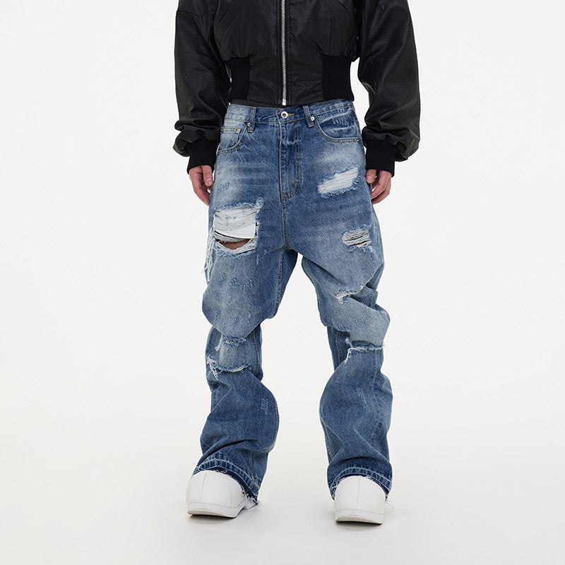 ASTT 24S/S Ripped Destruction Tassel Raw Edge Flared Wide Leg Stacked Hole Light Blue Denim Pants Trend