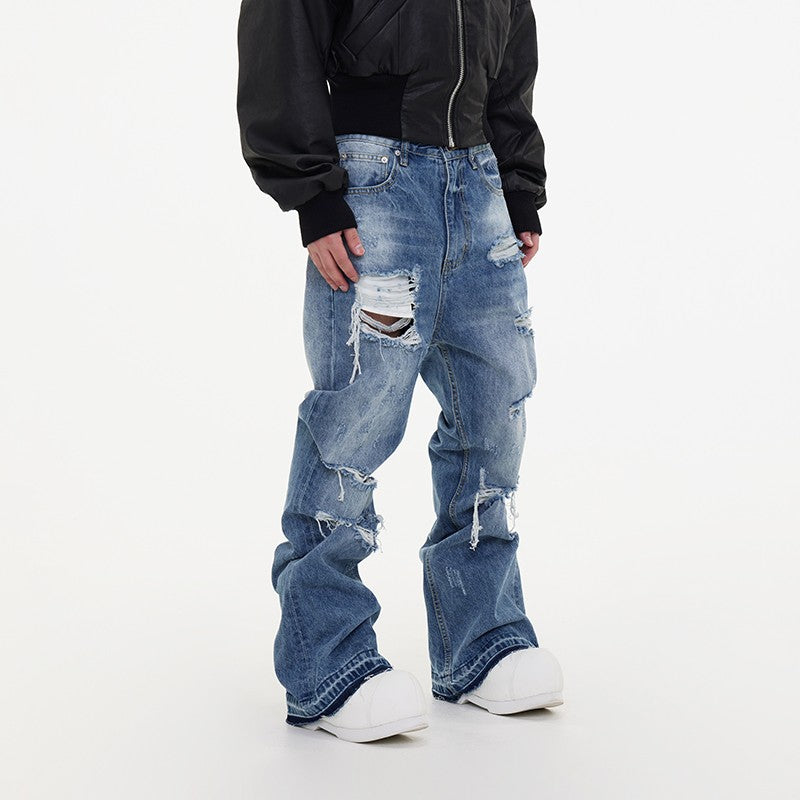 ASTT 24S/S Ripped Destruction Tassel Raw Edge Flared Wide Leg Stacked Hole Light Blue Denim Pants Trend