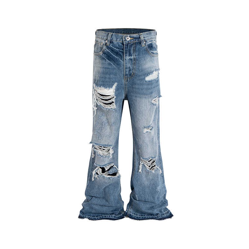 ASTT 24S/S Ripped Destruction Tassel Raw Edge Flared Wide Leg Stacked Hole Light Blue Denim Pants Trend