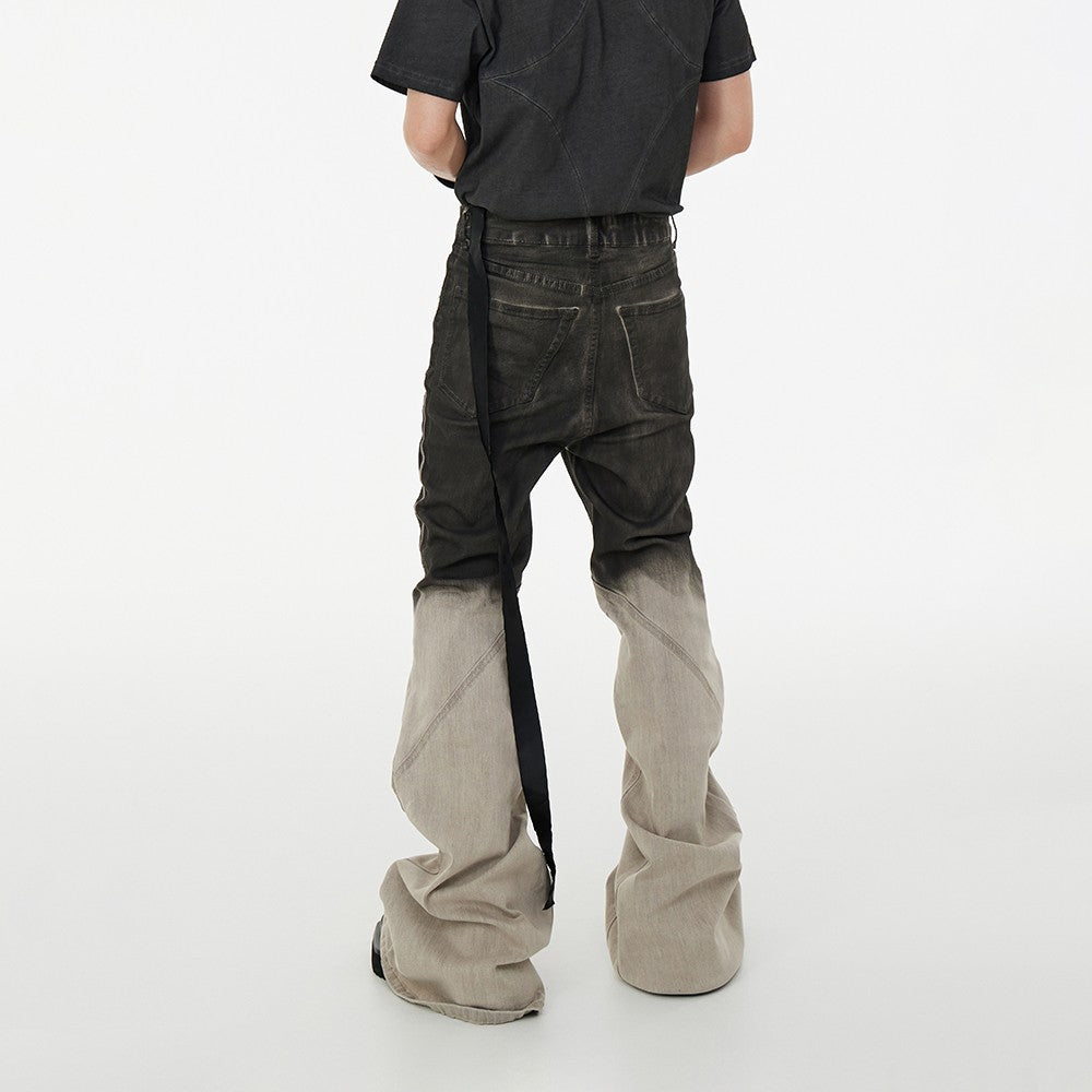 ASTT 24S/S Pioneer washed distressed gradient color mopping flared slim elastic stacked ribbon denim trousers