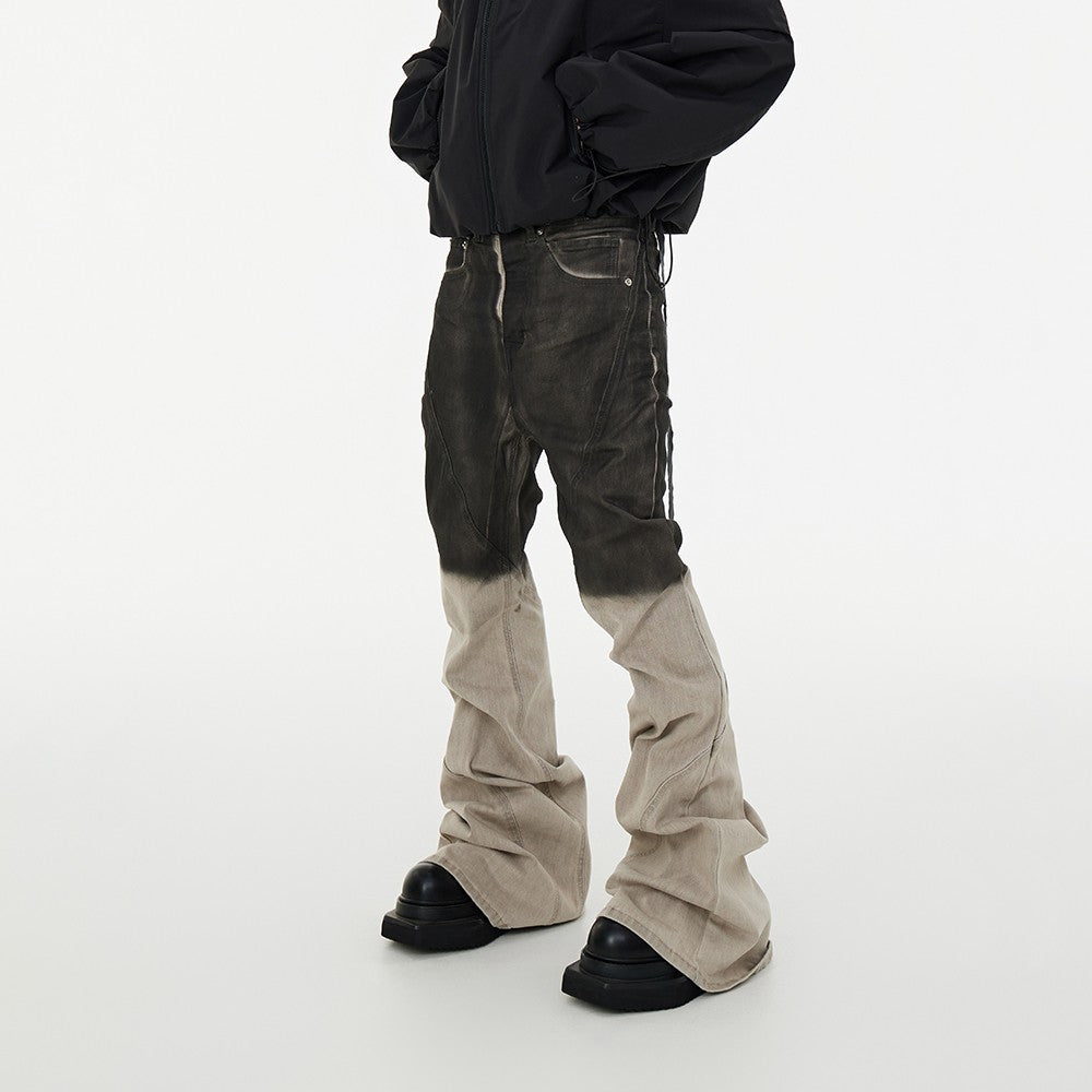 ASTT 24S/S Pioneer washed distressed gradient color mopping flared slim elastic stacked ribbon denim trousers