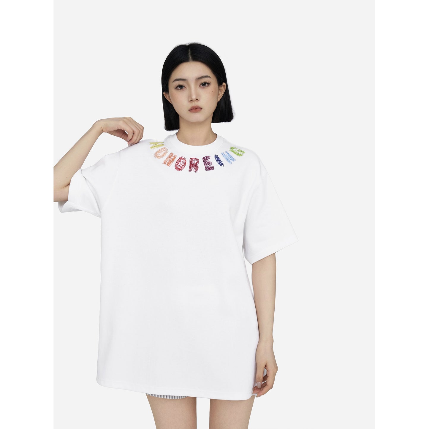 HONORE Gu Yue colorful line D home original heavy chain embroidery loose round neck short sleeve top T