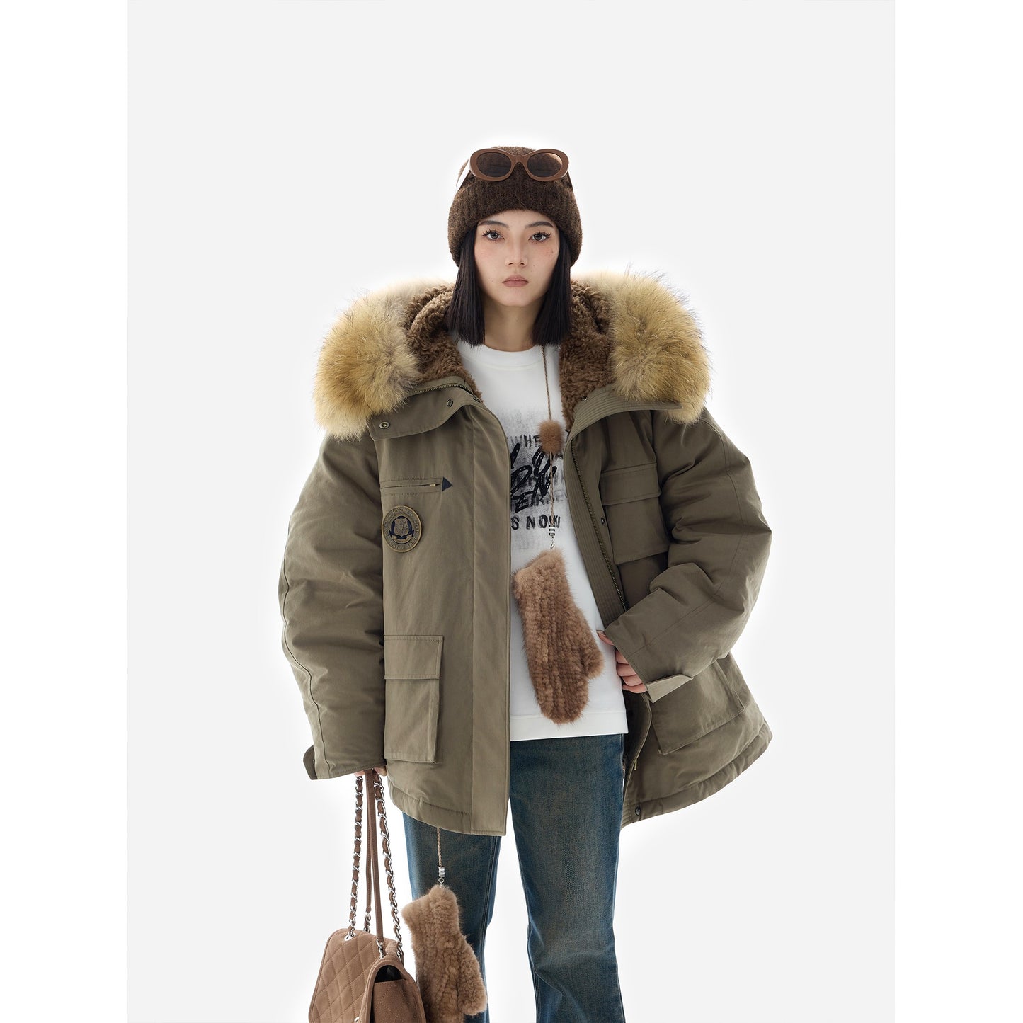 HONORE Guyue original heavy-duty three-dimensional bronze parka with large fur collar 95% safe workwear warm down jacket