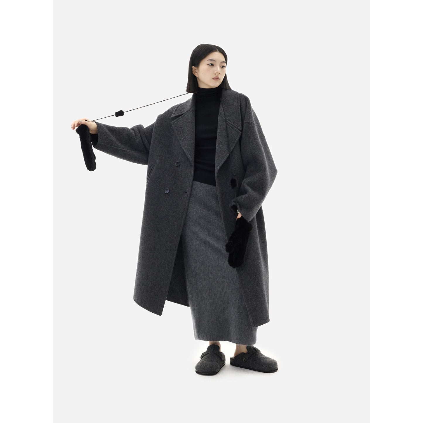 HONORE Guyue mulberry silk yak cashmere high-quality wool silhouette loose feeling three-dimensional double-faced wool coat