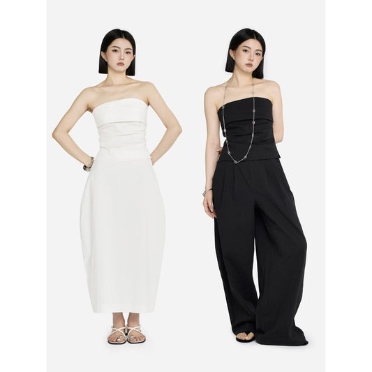 HONORE Guyue Tencel simple luxury pleated sexy tube top loose wide-leg pants fashion skirt cotton and linen suit