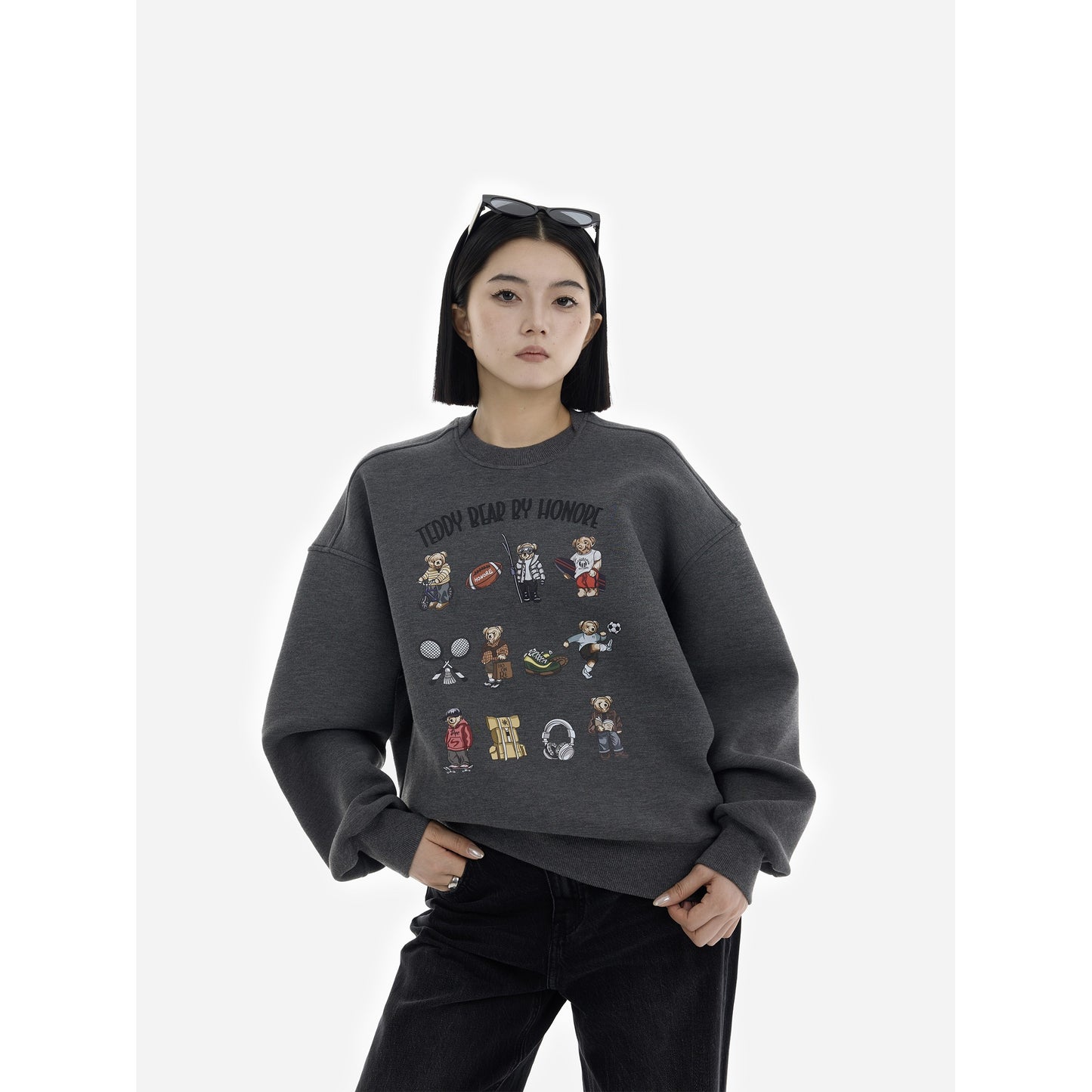 HONORE Gu Yue Teddy Bear Original Hand-painted Series Textured Sports Sweatshirt