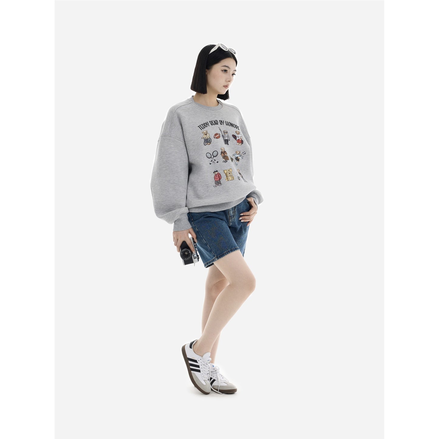 HONORE Gu Yue Teddy Bear Original Hand-painted Series Textured Sports Sweatshirt