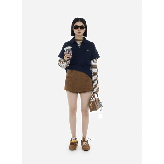 HONORE Gu Yue improvisational supermodel comfortable and versatile light striped design imitation jeans skirt shorts