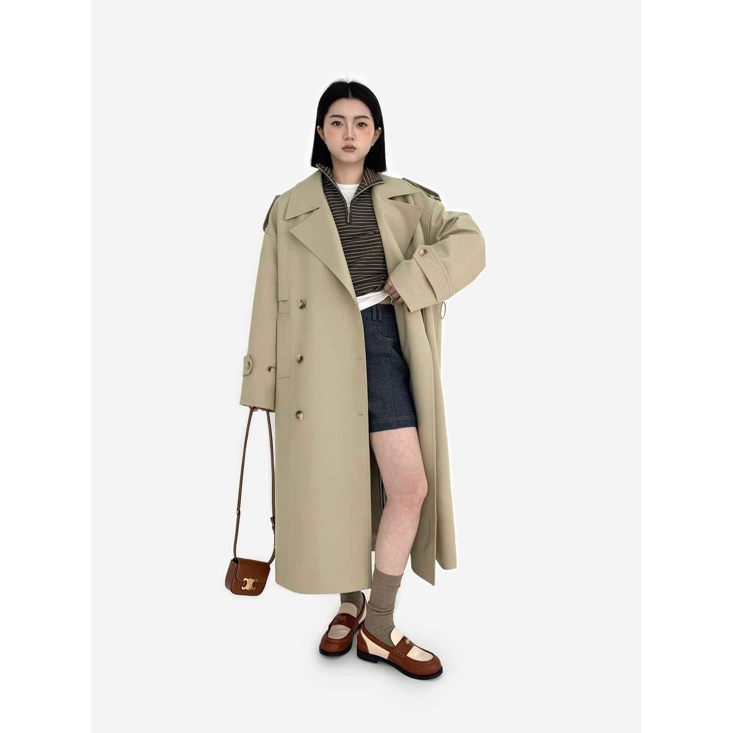 HONORE Quiet Luxury Lightweight, Straight and Broad Textured Double-Breasted Trench Coat for Commuters