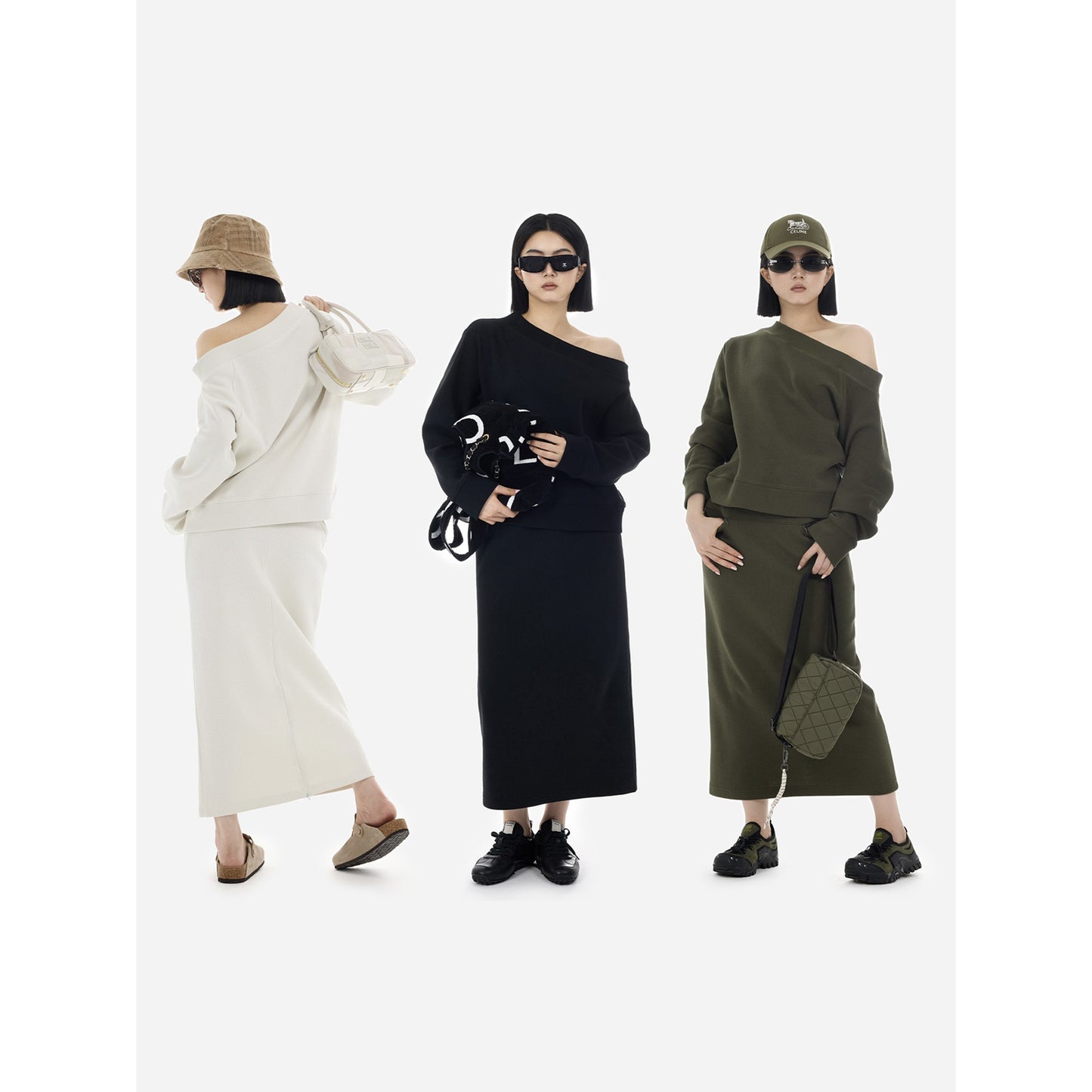 HONORE Guyue sportychic oblique shoulder careful American lazy skin-friendly cotton sweater skirt suit