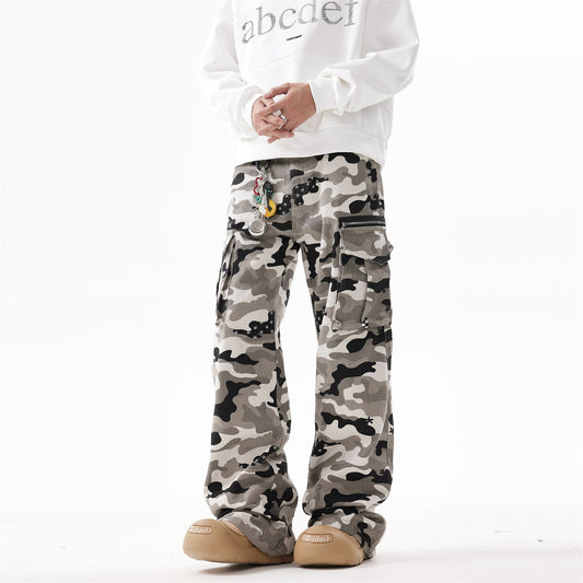 BTSG American retro Cargo multi-pocket polka dot camouflage overalls vibe street hip-hop flared casual pants