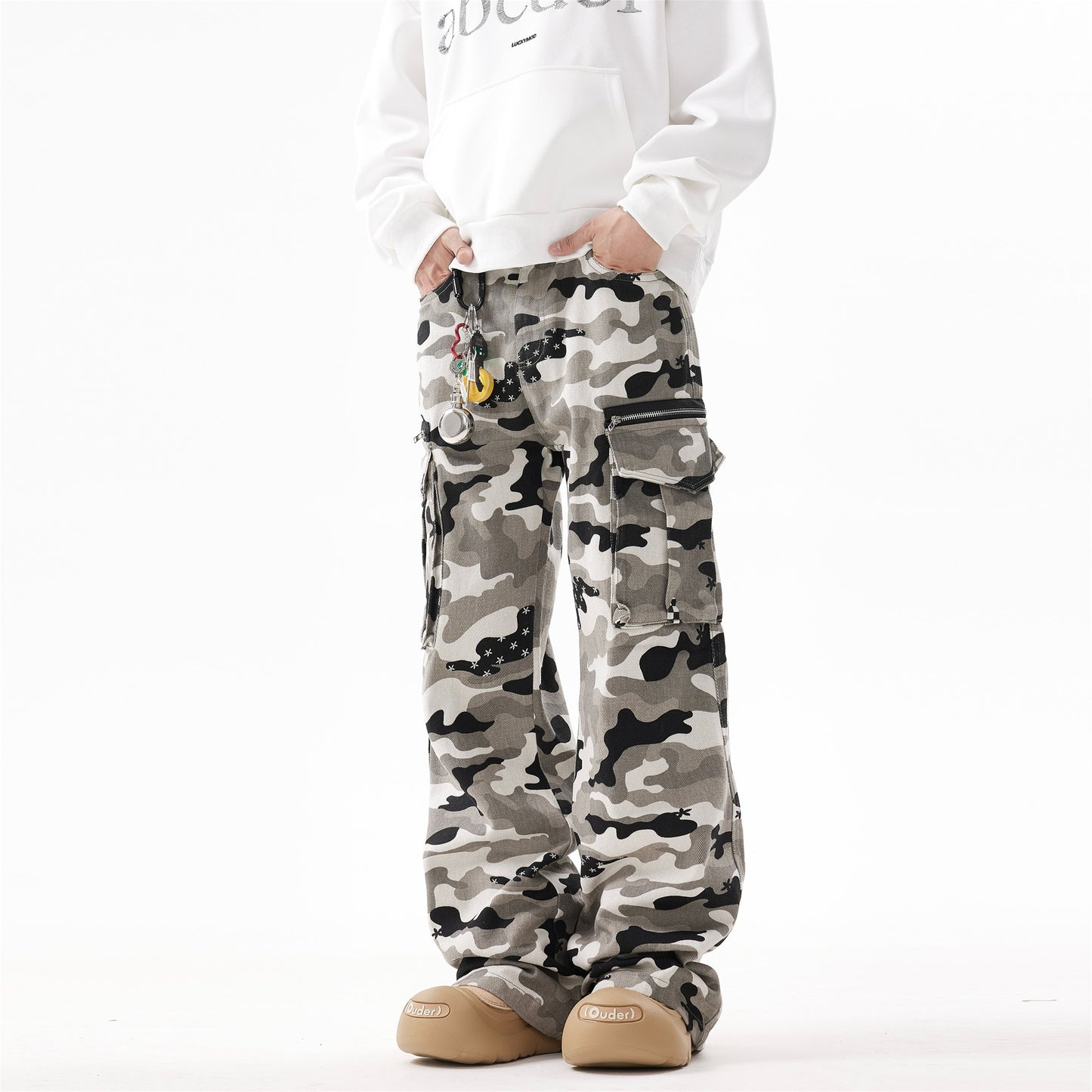 BTSG American retro Cargo multi-pocket polka dot camouflage overalls vibe street hip-hop flared casual pants