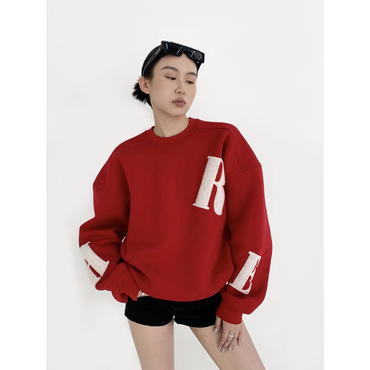 HONORE Guyue high-level player small loose red towel embroidered letter pullover casual sweatshirt