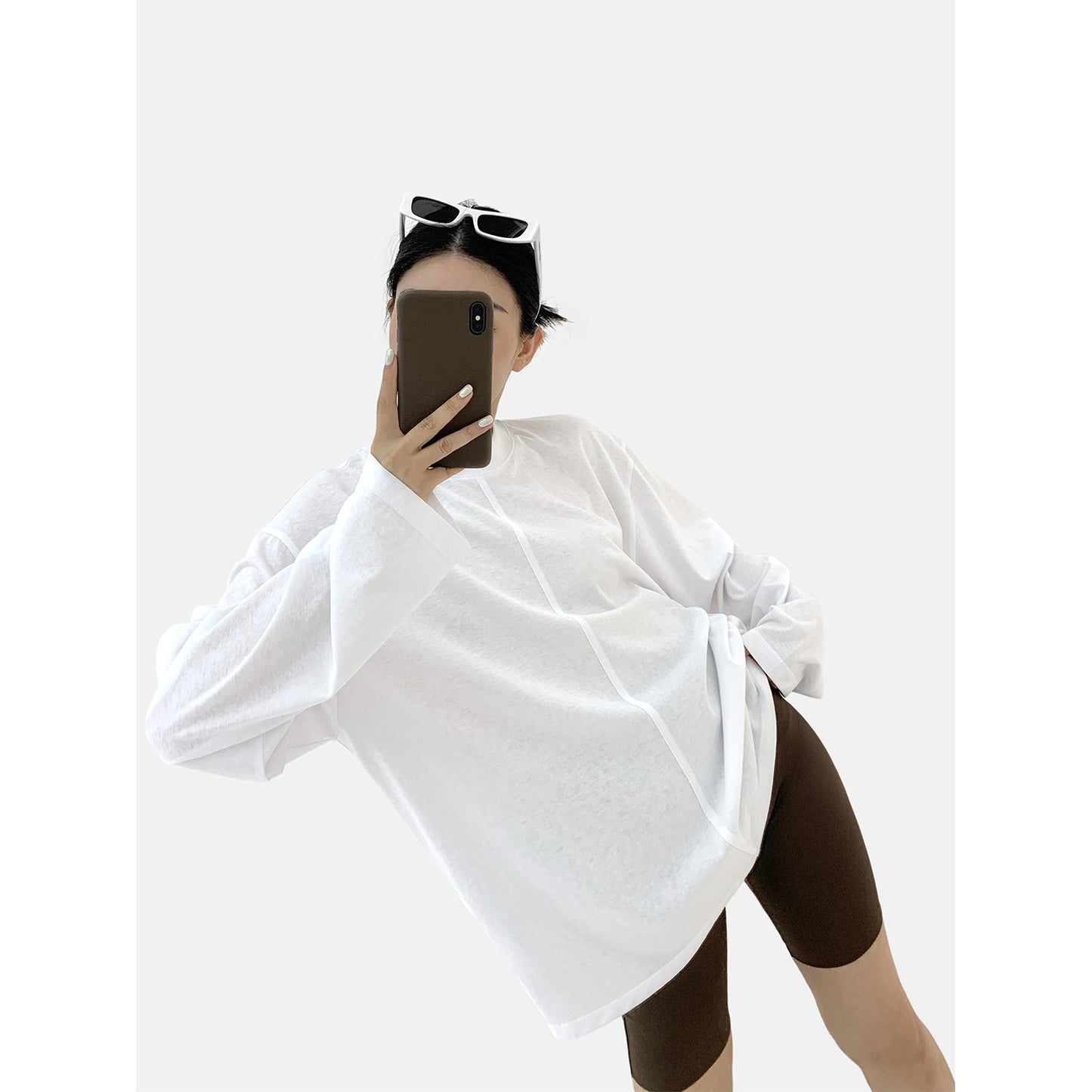 HONORE Gu Yue layered wear n0.1 autumn versatile loose long-sleeved top simple round neck white bottom T-shirt