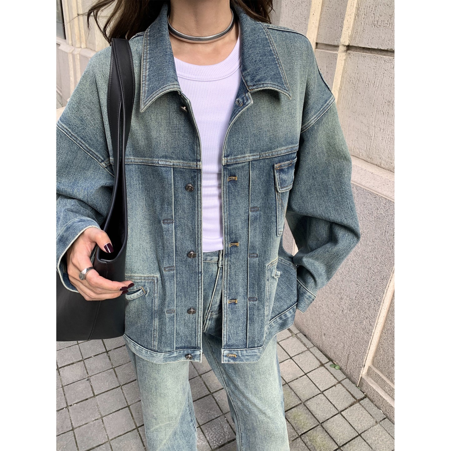 HONORE Gu Yue Retro Hippie Exclusive J-mouth Denim Fabric Oversize Loose Casual Profile Jacket