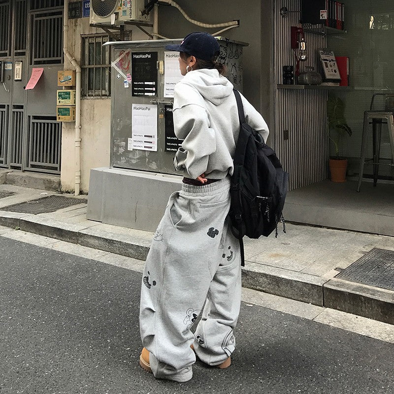 DND4DES American street graffiti print double waist stitching grey sweatpants