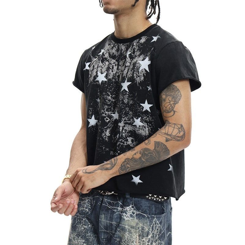 DND4DES original dark punk star print hem waistcoat T-shirt American street fashion short sleeve slim fit