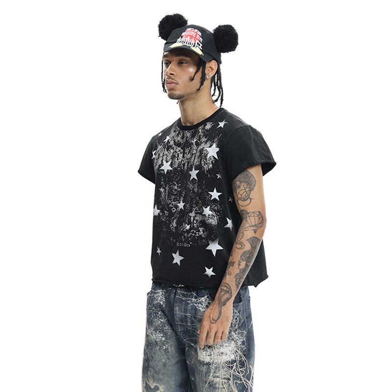 DND4DES original dark punk star print hem waistcoat T-shirt American street fashion short sleeve slim fit