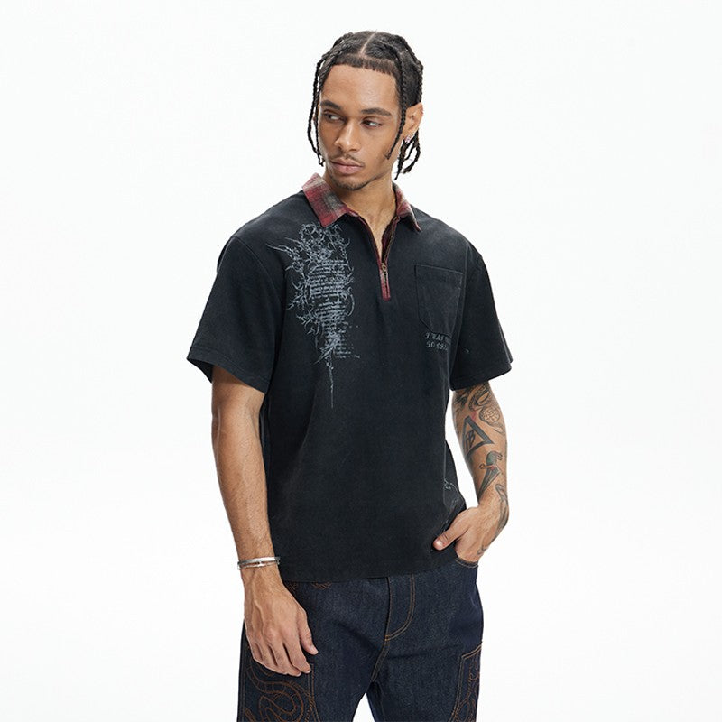 DND4DES American retro washed old plaid lapel polo shirt subculture print half zipper short sleeves