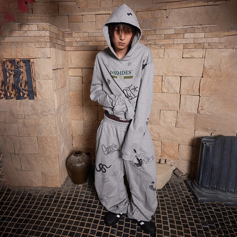 DND4DES Wang Yiheng same style graffiti print American sweatshirt men's design casual sweatpants gray suit