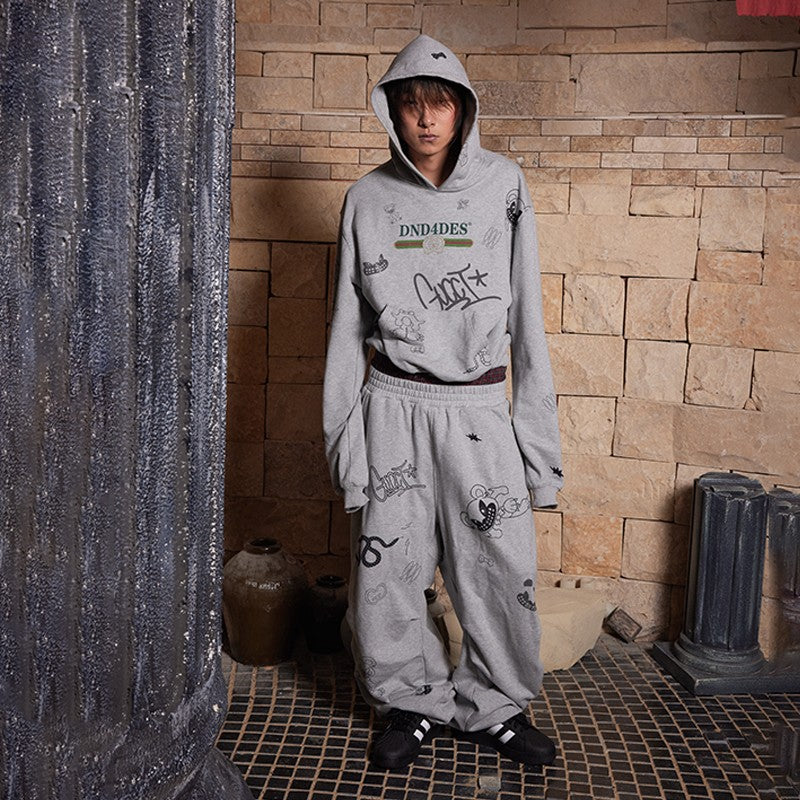 DND4DES Wang Yiheng same style graffiti print American sweatshirt men's design casual sweatpants gray suit