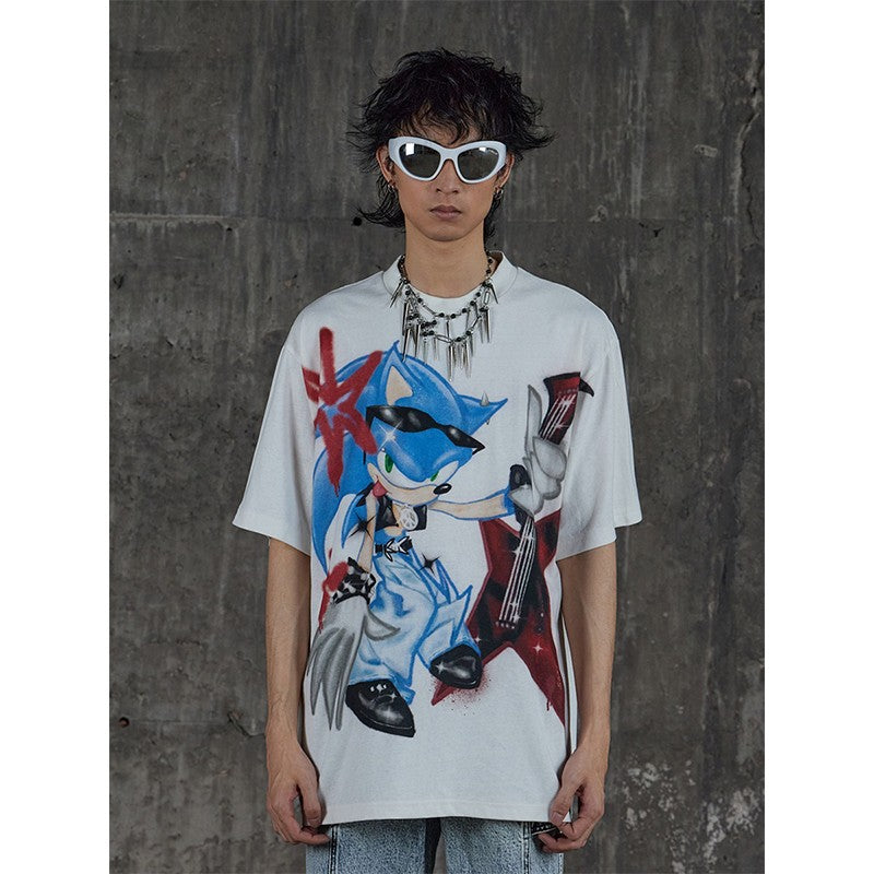 DND4DES American hip-hop retro Sonic guitar cartoon anime print short-sleeved T-shirt