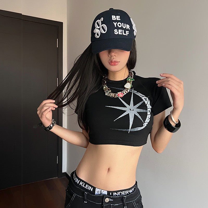 DND4DES Millennium Y2K star print hot girl short-sleeved top pure cotton navel-exposed tight short shoulder t-shirt female