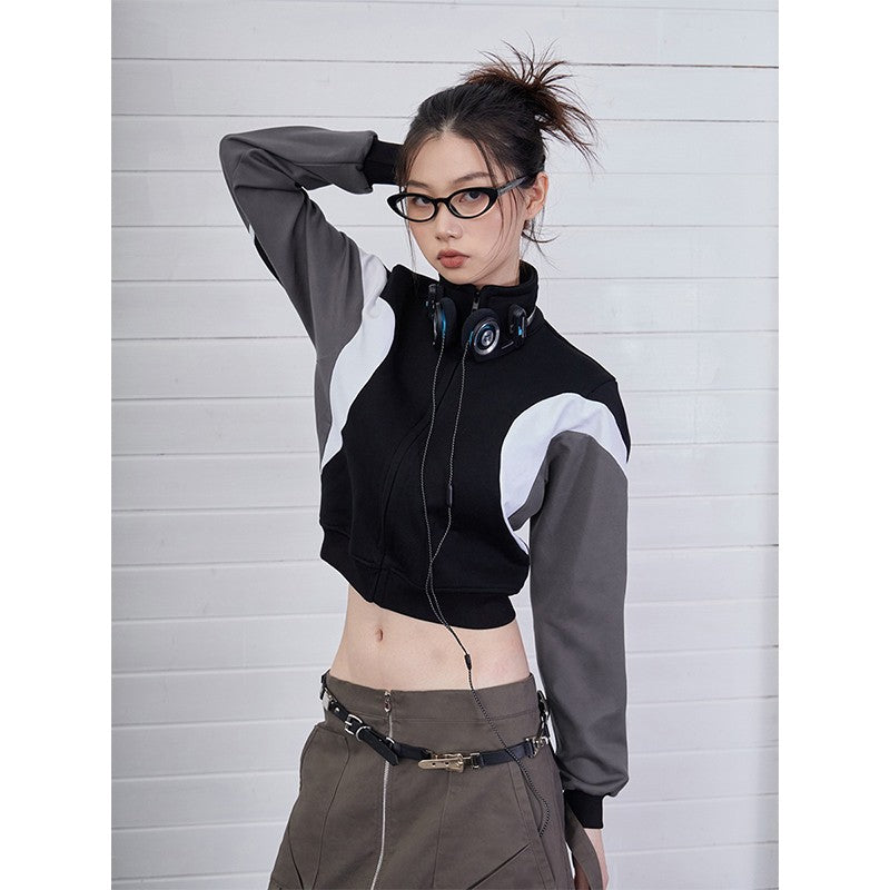 DND4DES moon stitching Bella style American retro zipper striped stand collar thin jacket sports short coat