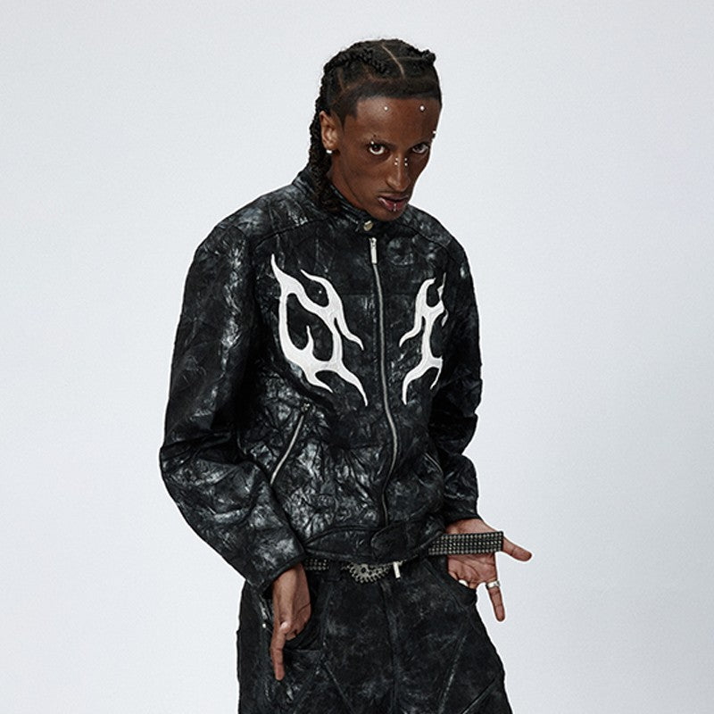 DND4DES Falcon same style American hip-hop heavy pleated fabric printed leather motorcycle jacket motorcycle clothing