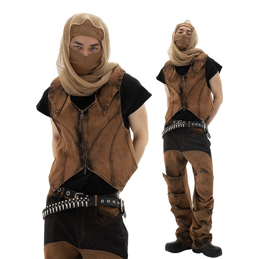 DND4DES wasteland punk distressed brown vest original deconstruction design Wang Hedi Xiaogui same style