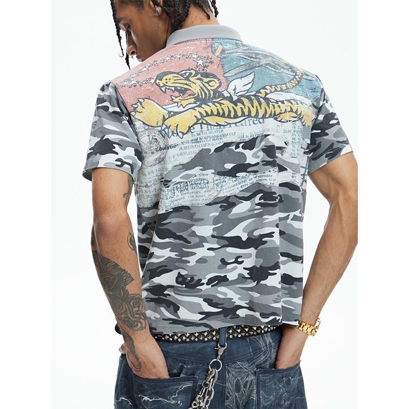 DND4DES Flying Tiger print patchwork camouflage pique cotton POLO shirt washed distressed lapel short sleeves