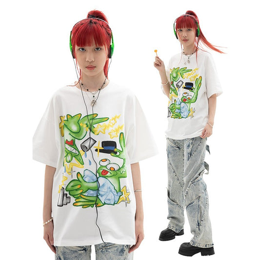 DND4DES Wang Yiheng same style cartoon millennium Y2K American star print white cotton short-sleeved T-shirt