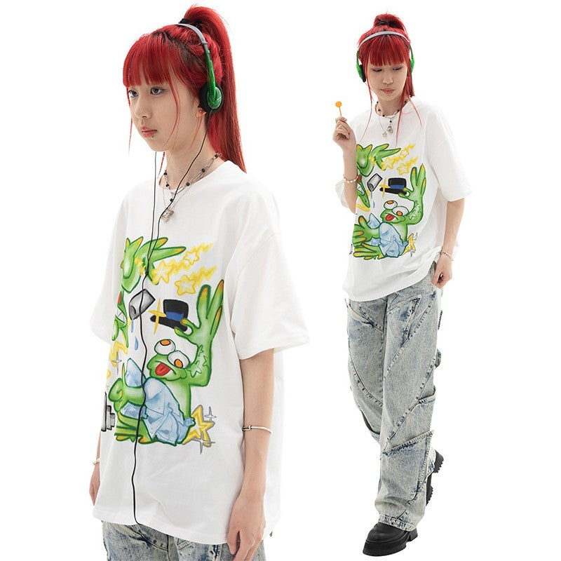 DND4DES Wang Yiheng same style cartoon millennium Y2K American star print white cotton short-sleeved T-shirt