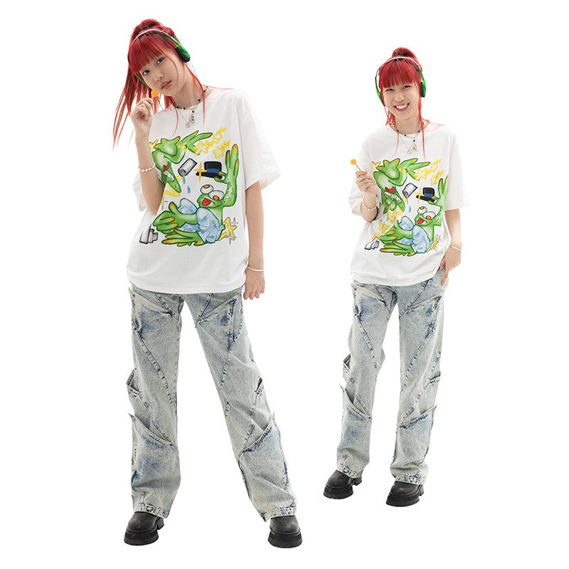 DND4DES Wang Yiheng same style cartoon millennium Y2K American star print white cotton short-sleeved T-shirt